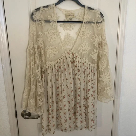 Denim Supply Ralph Lauren Bohemian Printed Tea Dress Lace Flare Sleeves Prairie - Picture 5 of 14